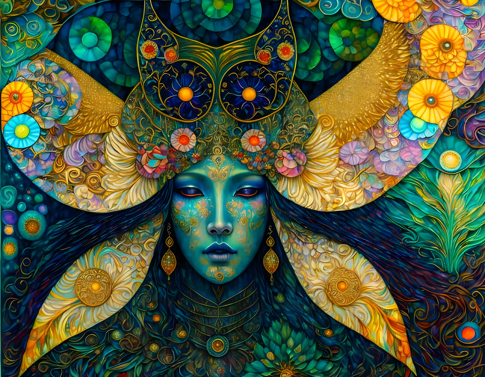 Colorful Illustration of Mystical Female Figure with Blue Skin and Golden Headgear