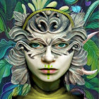 Vibrant digital artwork of mystical female figure with cosmic and floral patterns