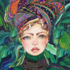 Vibrant illustration of a woman with intricate floral headdress
