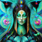 Colorful psychedelic art: Woman with blue skin and ornate headpieces