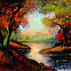 Colorful Stylized Forest Landscape with River