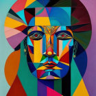 Vibrant geometric abstract portrait with warm and cool hues