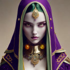 Character portrait: Green-haired figure in purple cloak with intricate jewelry
