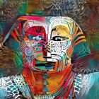 Colorful Abstract Digital Artwork with Mask-Like Figure and Floral Designs