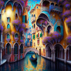Colorful Venetian canal with whimsical architecture and wisteria trees
