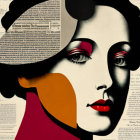 Female portrait with newspaper-text background, red lips, black hair, and hat.
