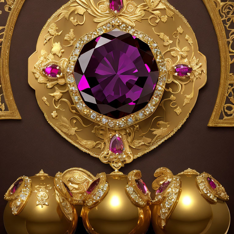Golden Brooch with Purple Gemstone and Diamonds on Luxurious Background