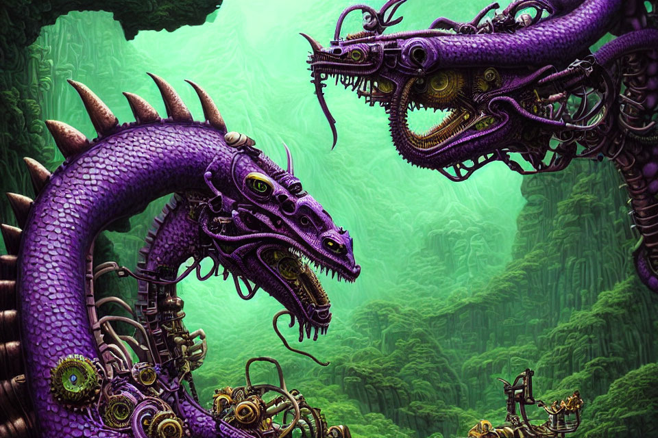 Purple mechanical dragons in misty forest with intricate gears
