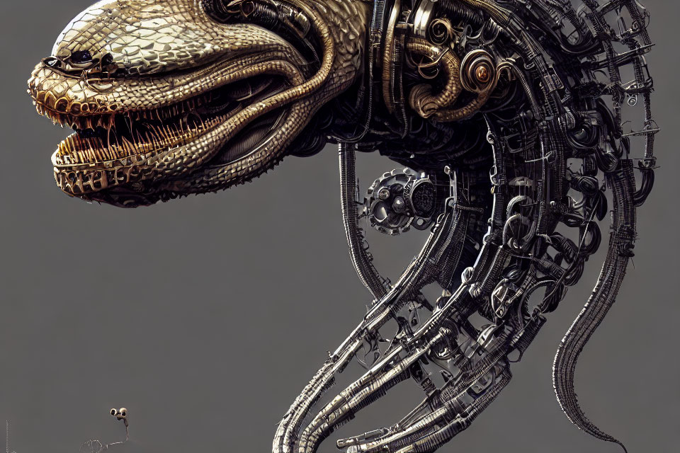 Detailed Mechanical Serpent Artwork with Realistic Reptile Head and Metallic Robotic Body