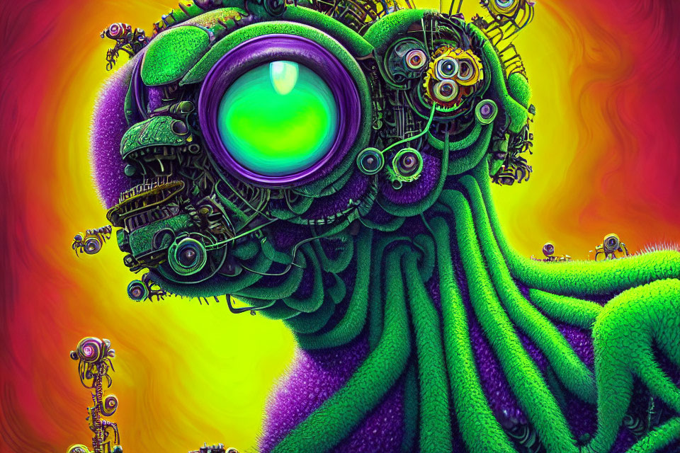 Colorful digital artwork: mechanical, cyclopean entity amidst intricate gears on swirling yellow and red backdrop