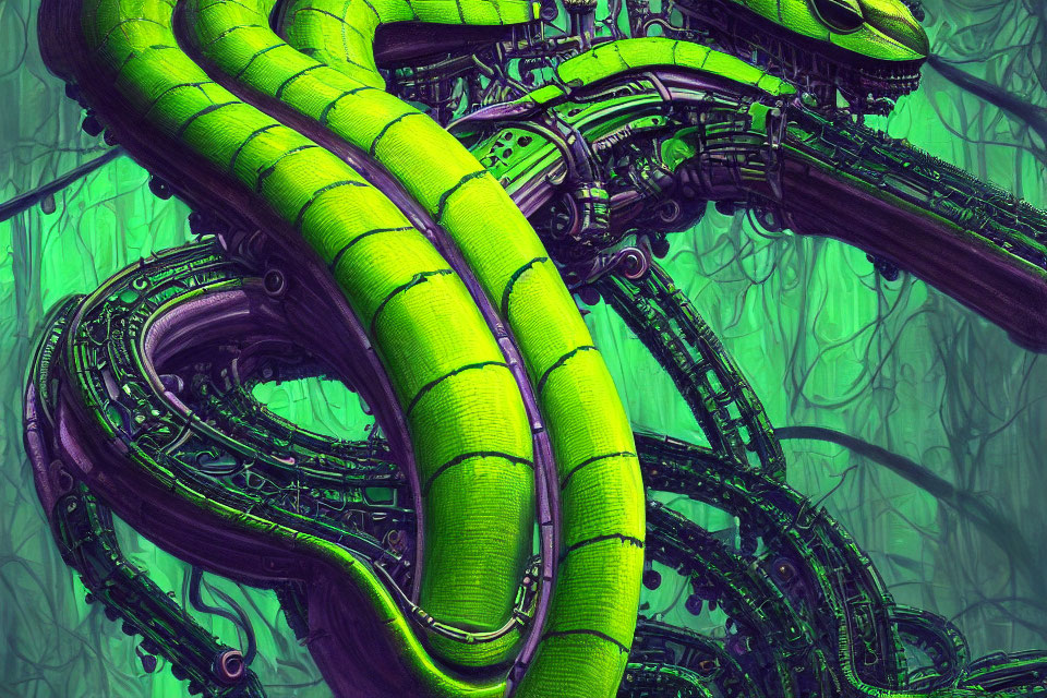 Neon green and purple biomechanical tentacles in abstract digital art