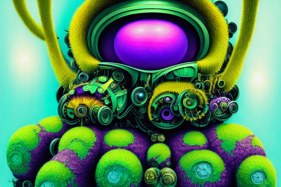 Colorful Creature with Pink-Eyed Helmet and Yellow Arms on Vibrant Green Gears Background