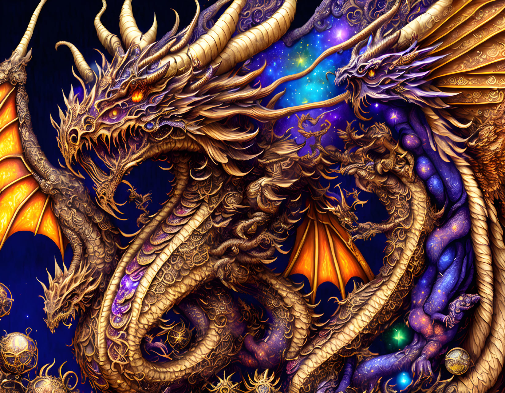 Majestic dragon with cosmic wings and ornate scales in starry setting