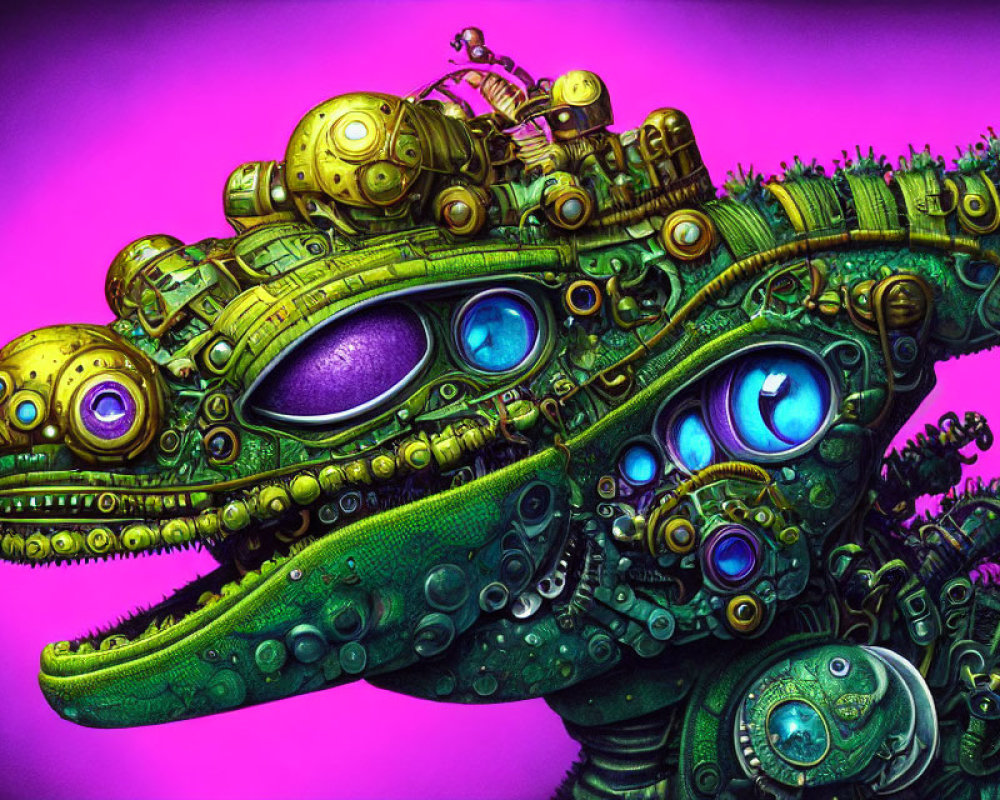 Vibrant Illustration of Mechanized Reptilian Creature on Purple Background