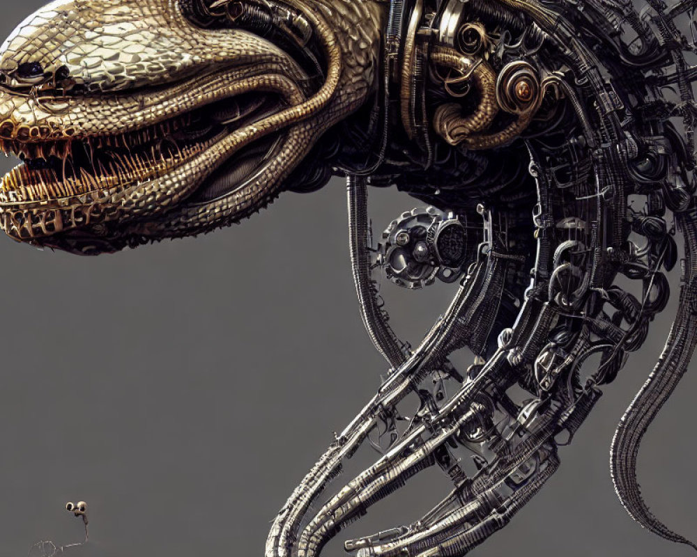 Detailed Mechanical Serpent Artwork with Realistic Reptile Head and Metallic Robotic Body