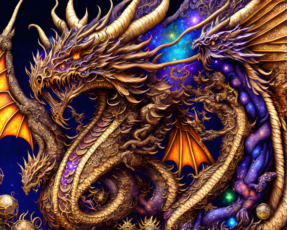 Majestic dragon with cosmic wings and ornate scales in starry setting