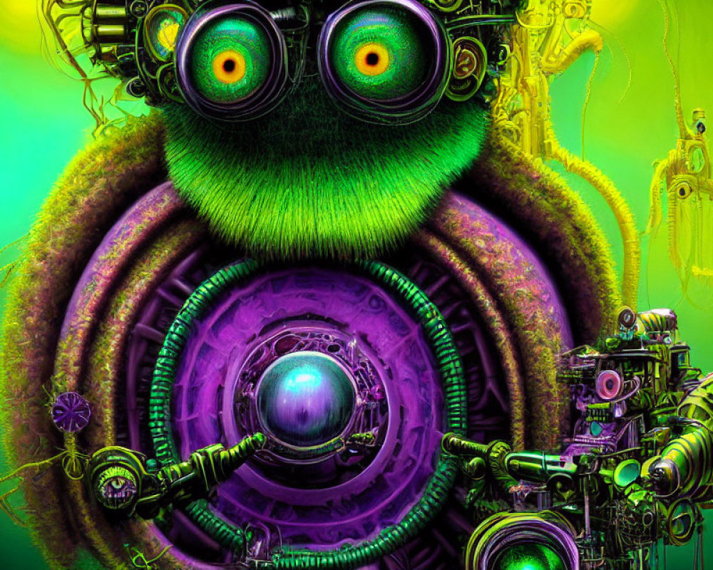 Colorful digital artwork: Whimsical mechanical creature with multiple eyes on green backdrop