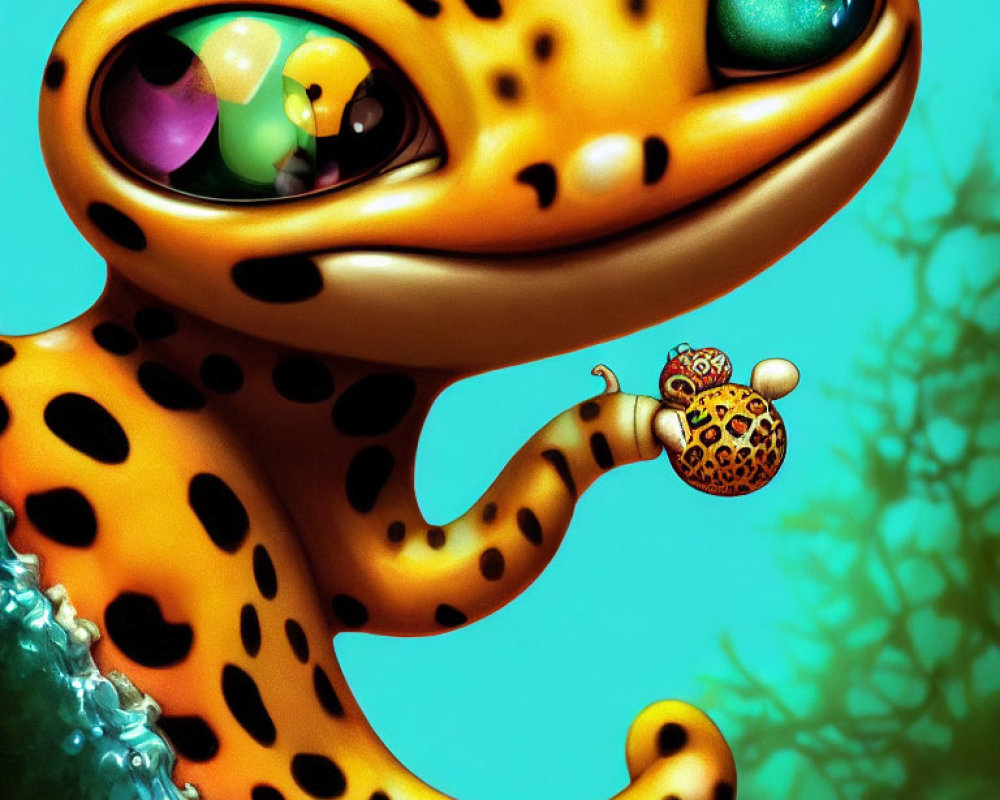 Whimsical orange gecko with expressive eyes and black spots in intimate moment with tiny gecko