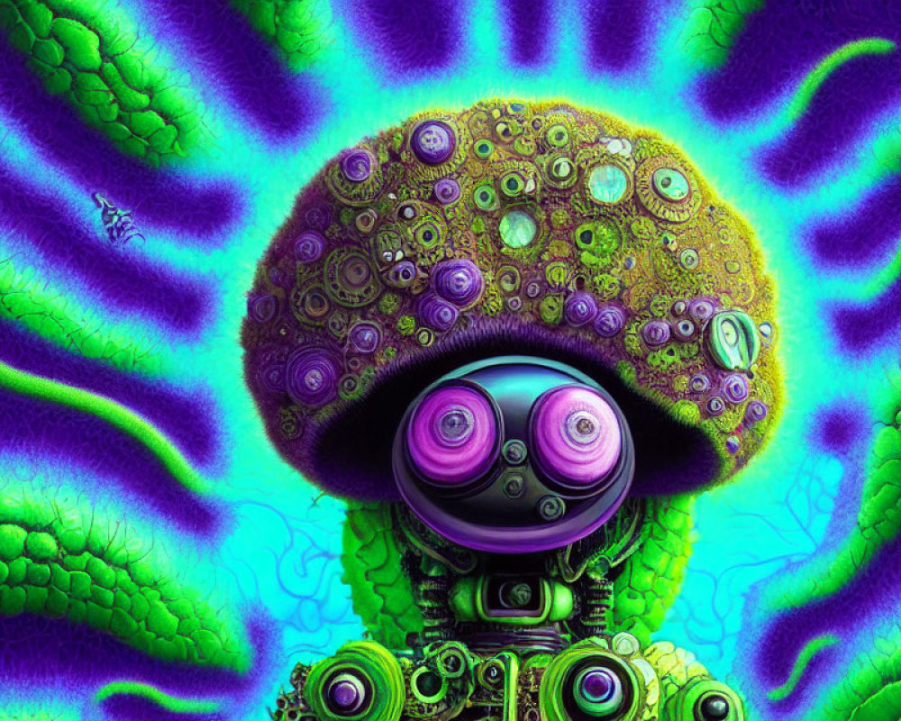 Psychedelic creature with mushroom head and mechanical body on textured background