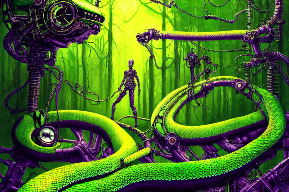 Robotic humanoid among green serpentine robots in jungle setting