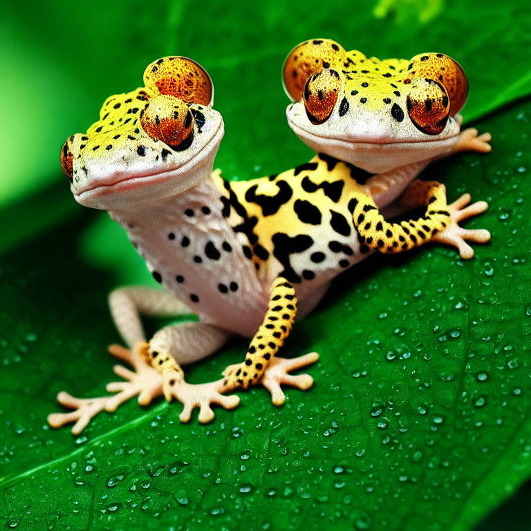 Yellow and Black Spotted Geckos with Orange Eyes on Dewy Green Leaf
