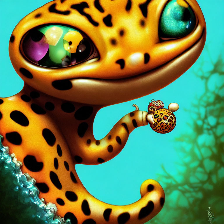 Whimsical orange gecko with expressive eyes and black spots in intimate moment with tiny gecko