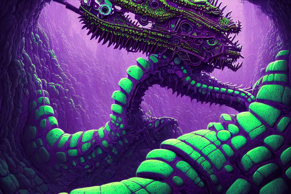 Vivid Purple and Green Mechanical Dragon in Mystical Setting