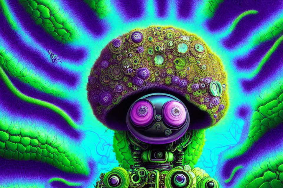 Psychedelic creature with mushroom head and mechanical body on textured background