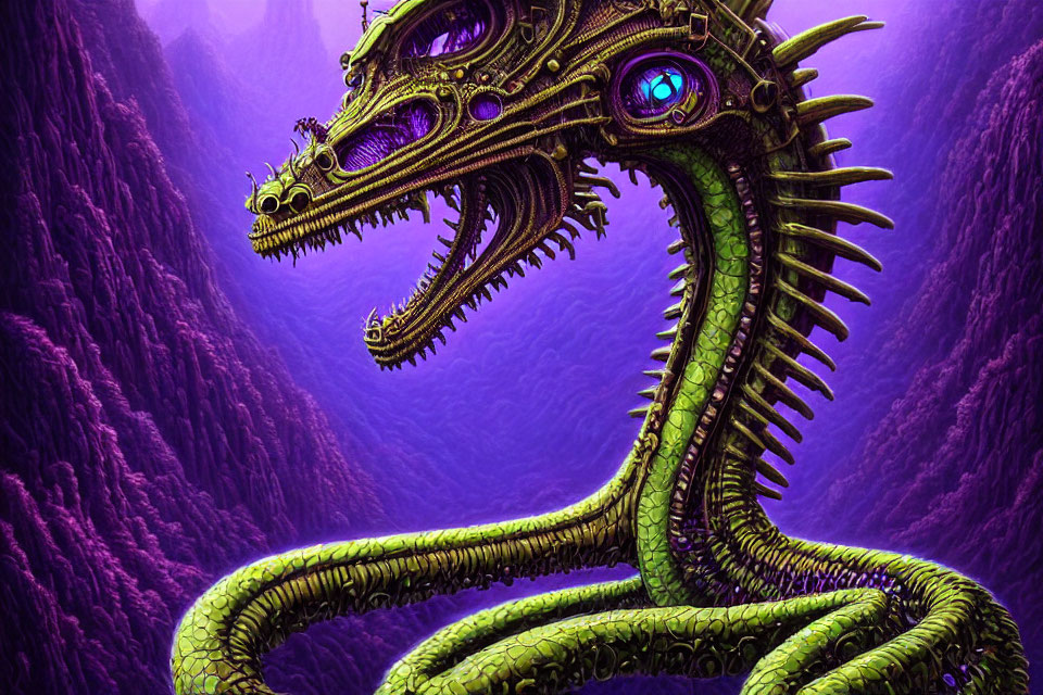 Green-scaled multi-headed dragon in purple cavern with glowing blue eyes
