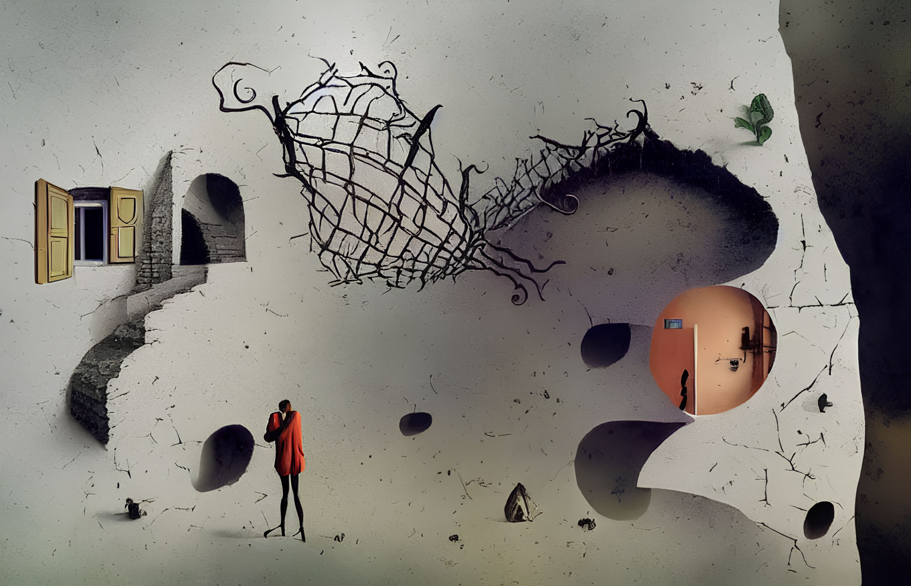 Surreal artwork featuring person in red coat and floating elements on grey background
