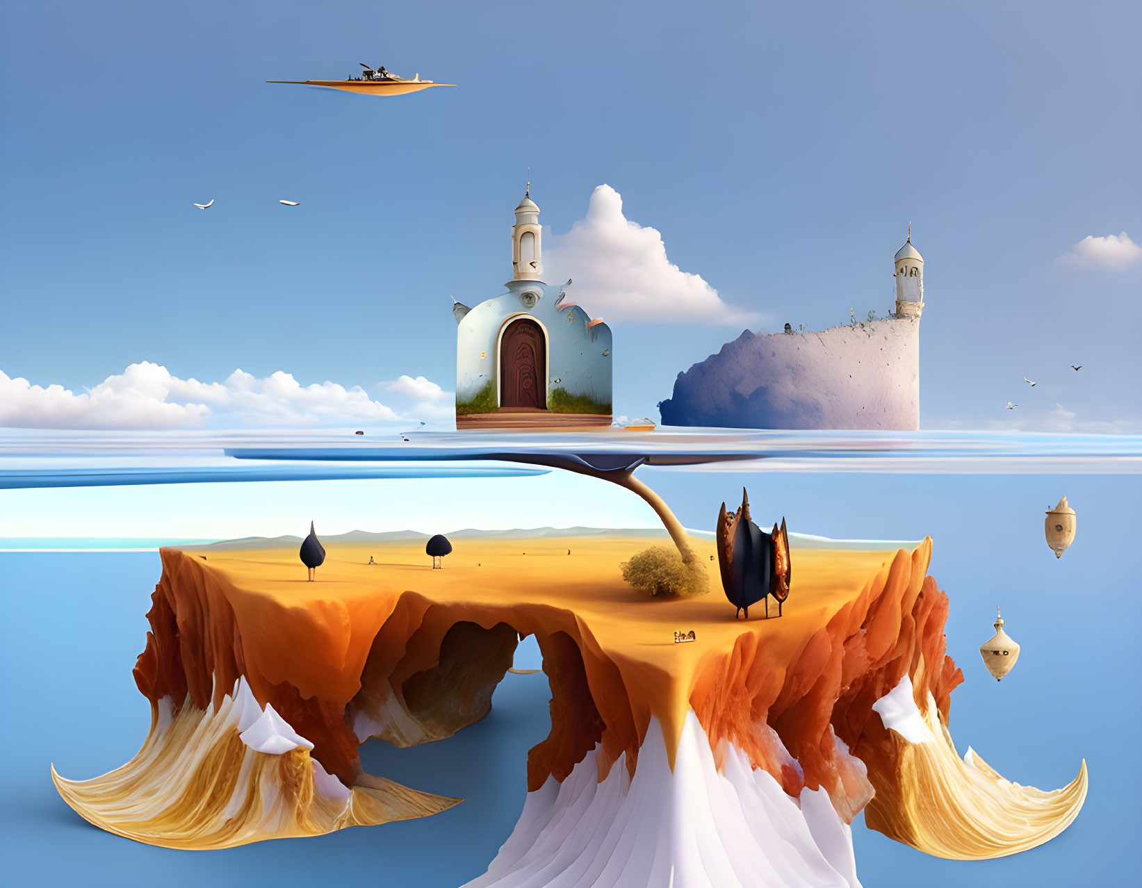 Surreal floating island with church, lighthouse, and upside-down elements in clear blue skies