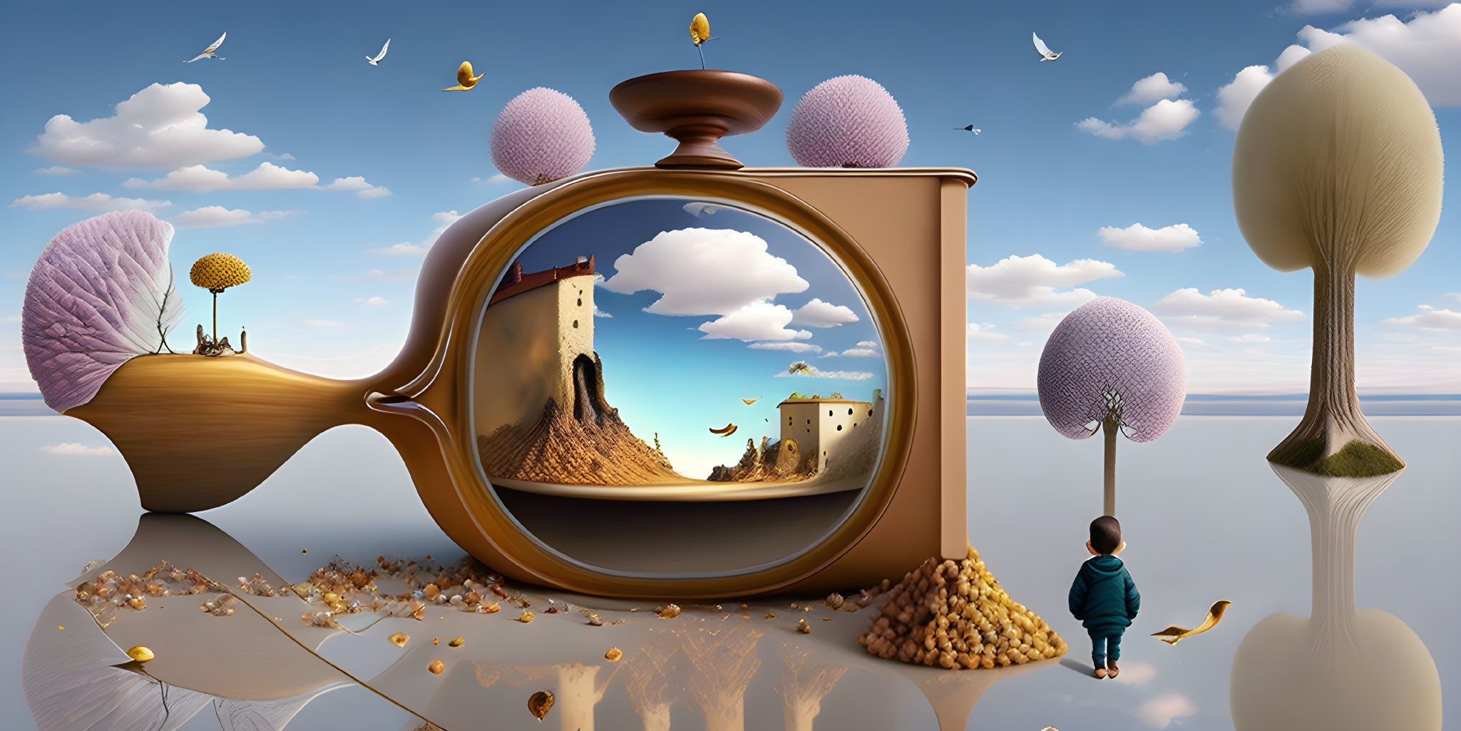 Child admires surreal landscape in giant pocket watch with whimsical elements