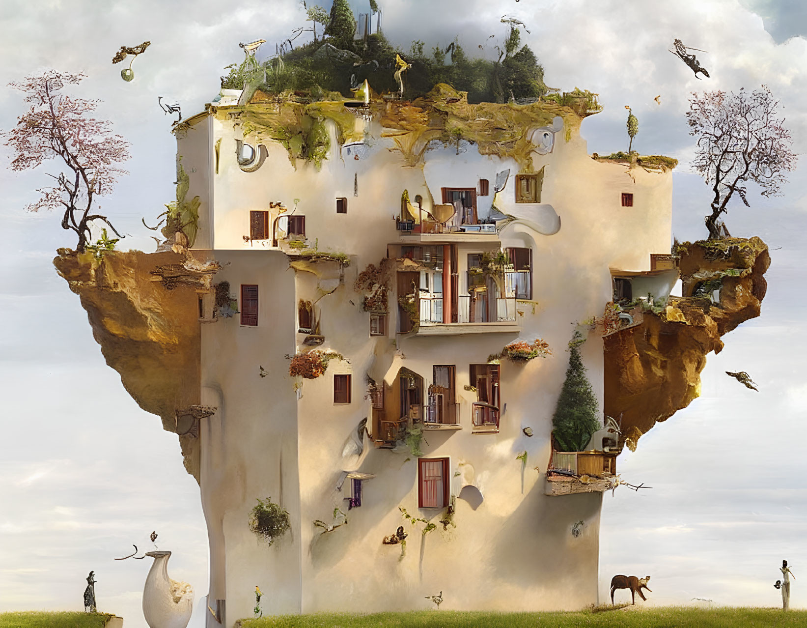 Floating Island with Rock-Embedded Building, Balconies, Trees, and Animals