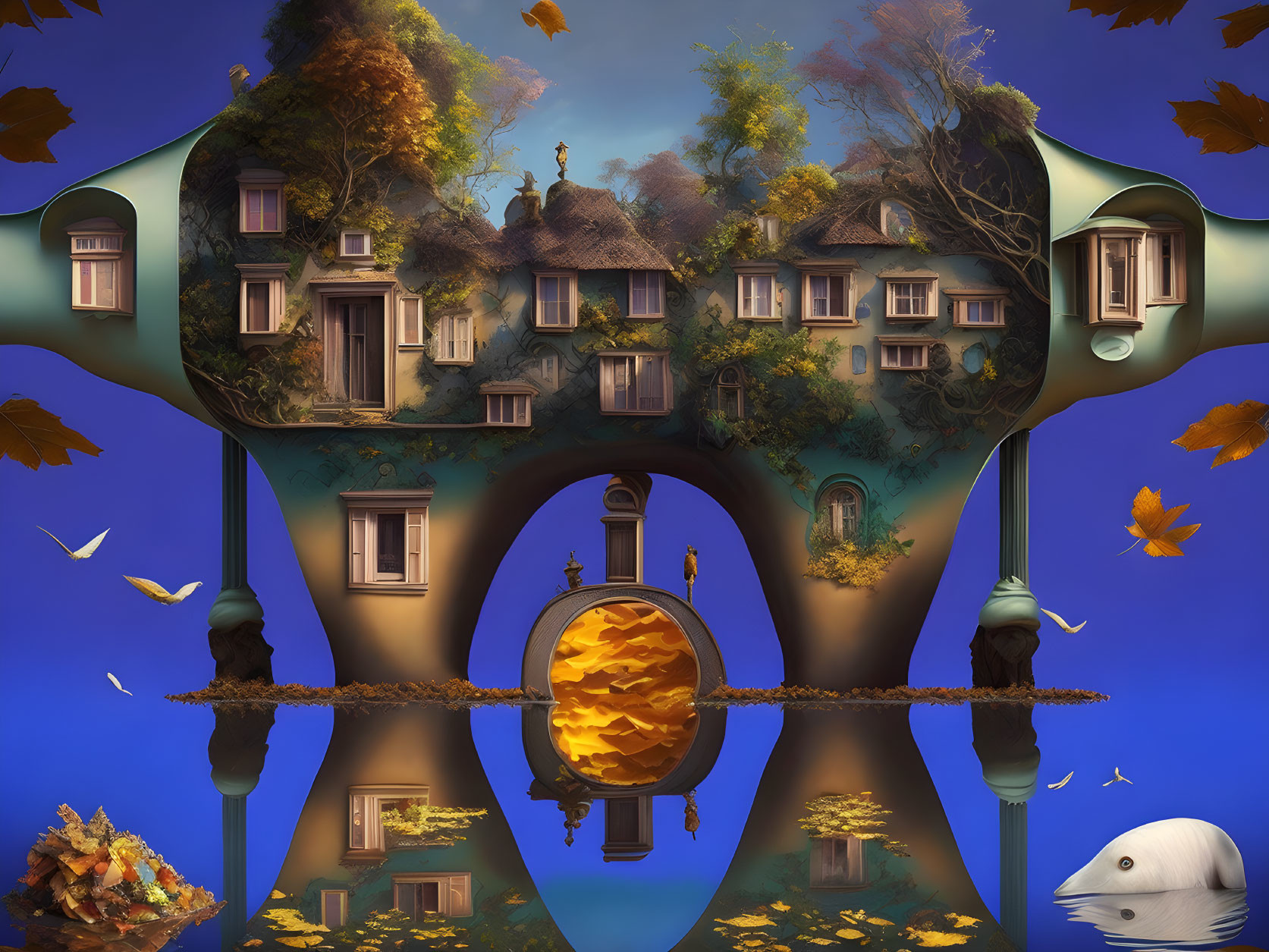 Surreal landscape with warped tree structure and golden mirror in a blue sky
