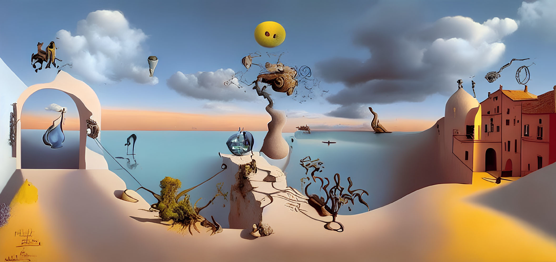 Panoramic surreal landscape with floating objects and whimsical shapes