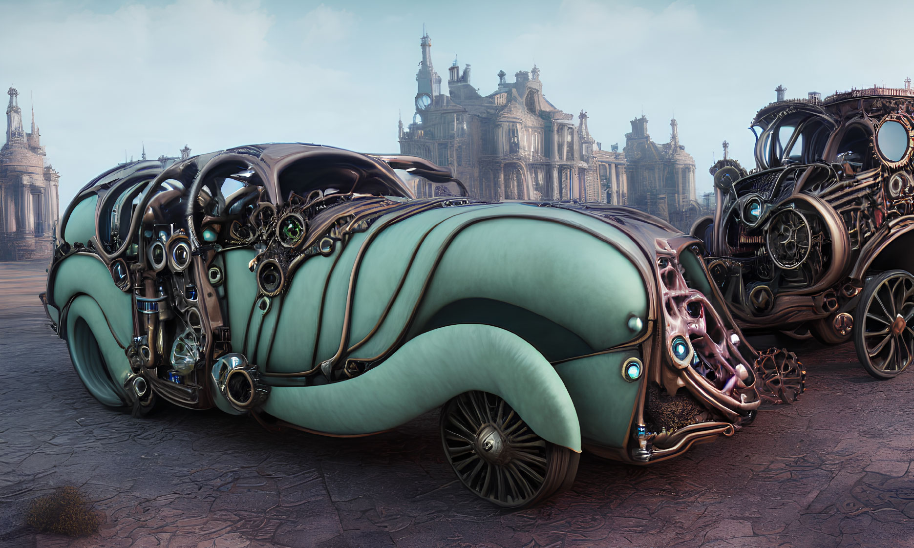 Steampunk-inspired futuristic vehicle against classical architecture