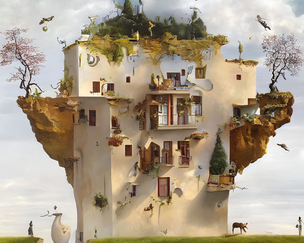 Floating Island with Rock-Embedded Building, Balconies, Trees, and Animals