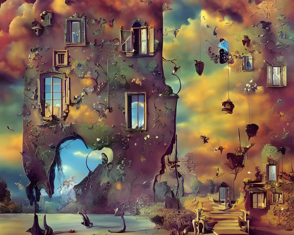 Surreal artwork with disjointed buildings and whimsical sky