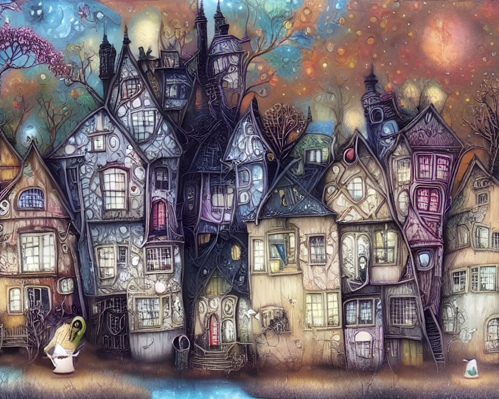 Colorful Whimsical Illustration of Crooked Houses and Floating Orbs