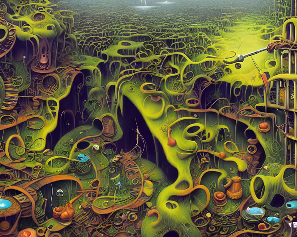 Vibrant Green and Yellow Psychedelic Landscape with Surreal Elements