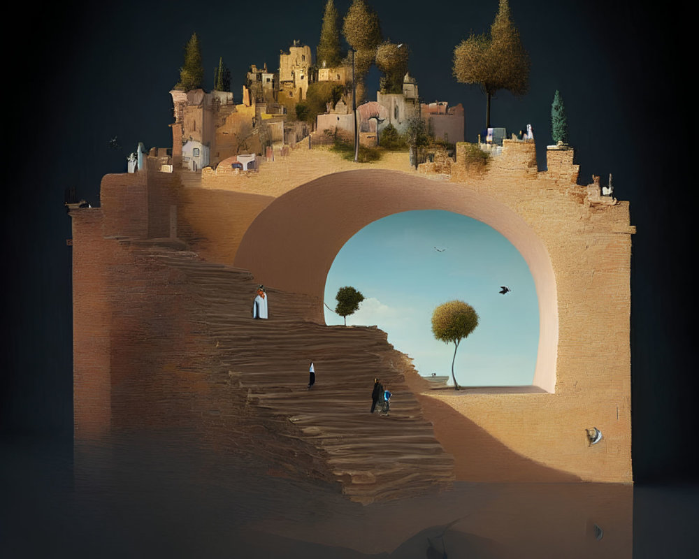 Surreal artwork: Large arch, stepped path, whimsical town, dark sky, reflections,