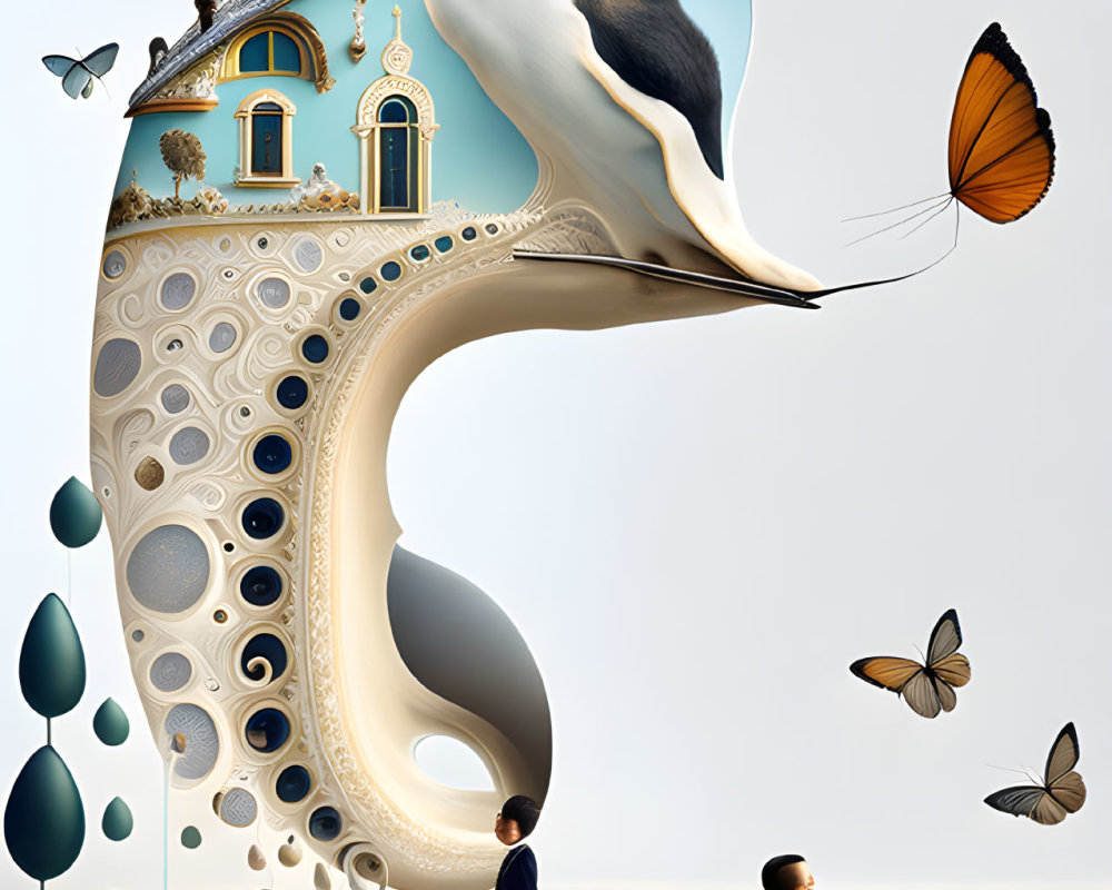 Surreal artwork: architecture, horse head, child, adult, butterflies on neutral backdrop