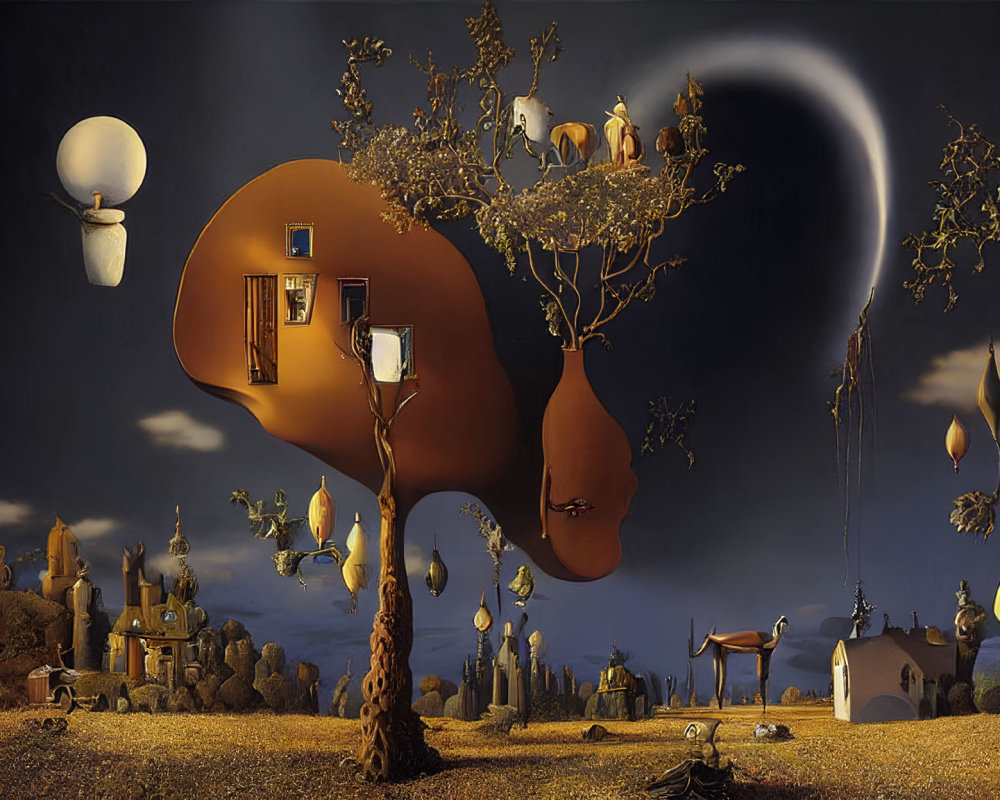 Surreal painting featuring whimsical tree, lanterns, moon, structures, and horse