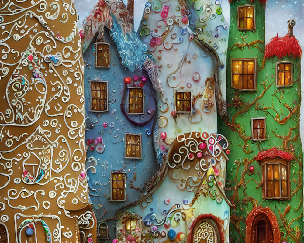 Colorful Gingerbread Village Scene with Whimsical Houses