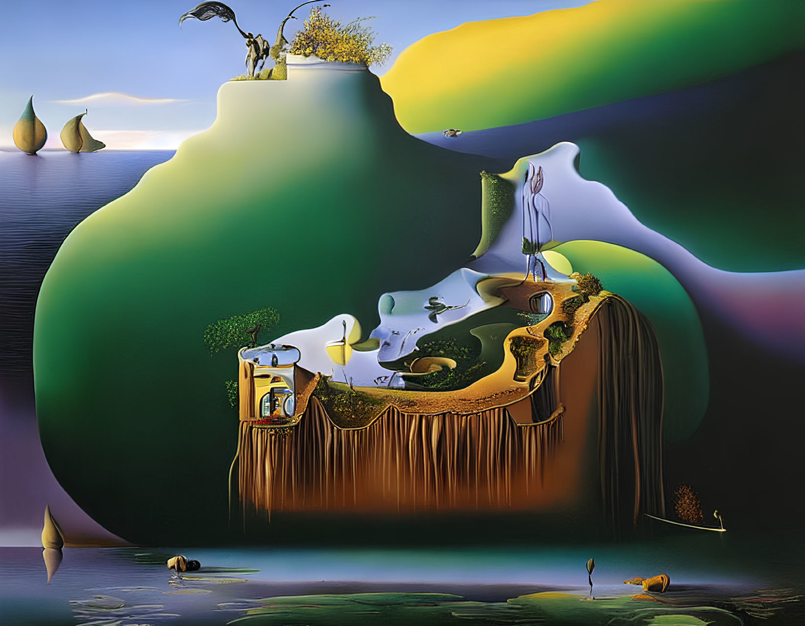 Surreal landscape with elephant-like trees and golden waterfall