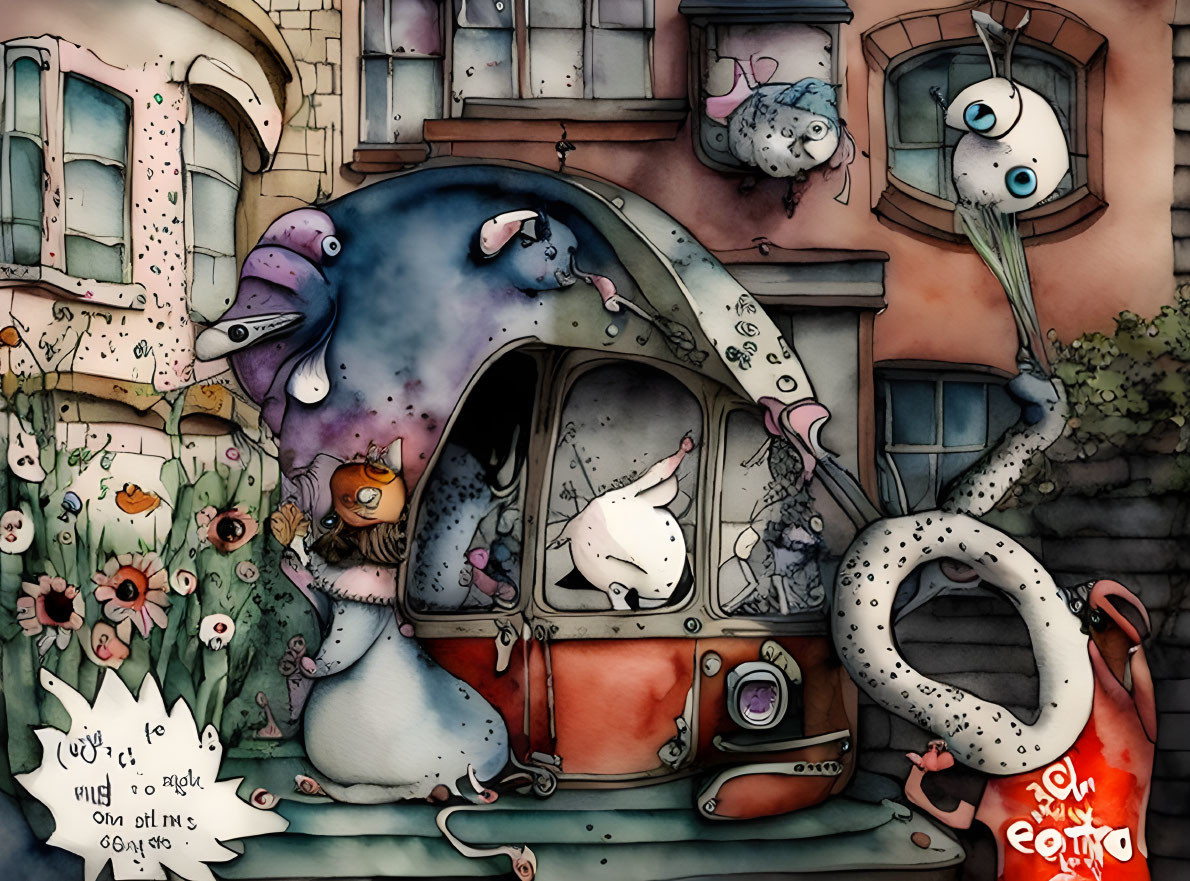 Colorful House with Giant Octopus and Fantasy Creatures in Whimsical Illustration