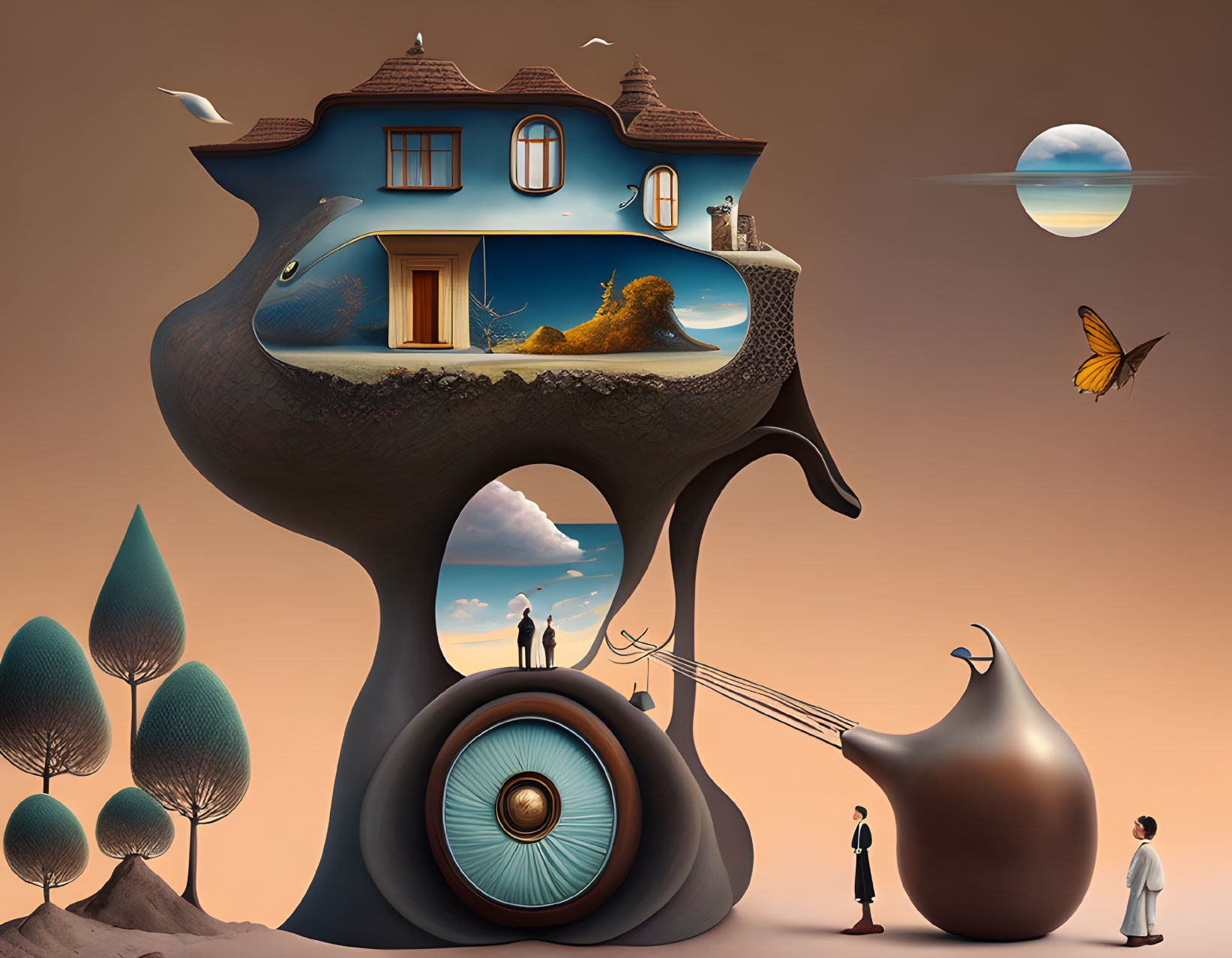 Surreal artwork: house on creature with human eye, oversized butterflies and trees