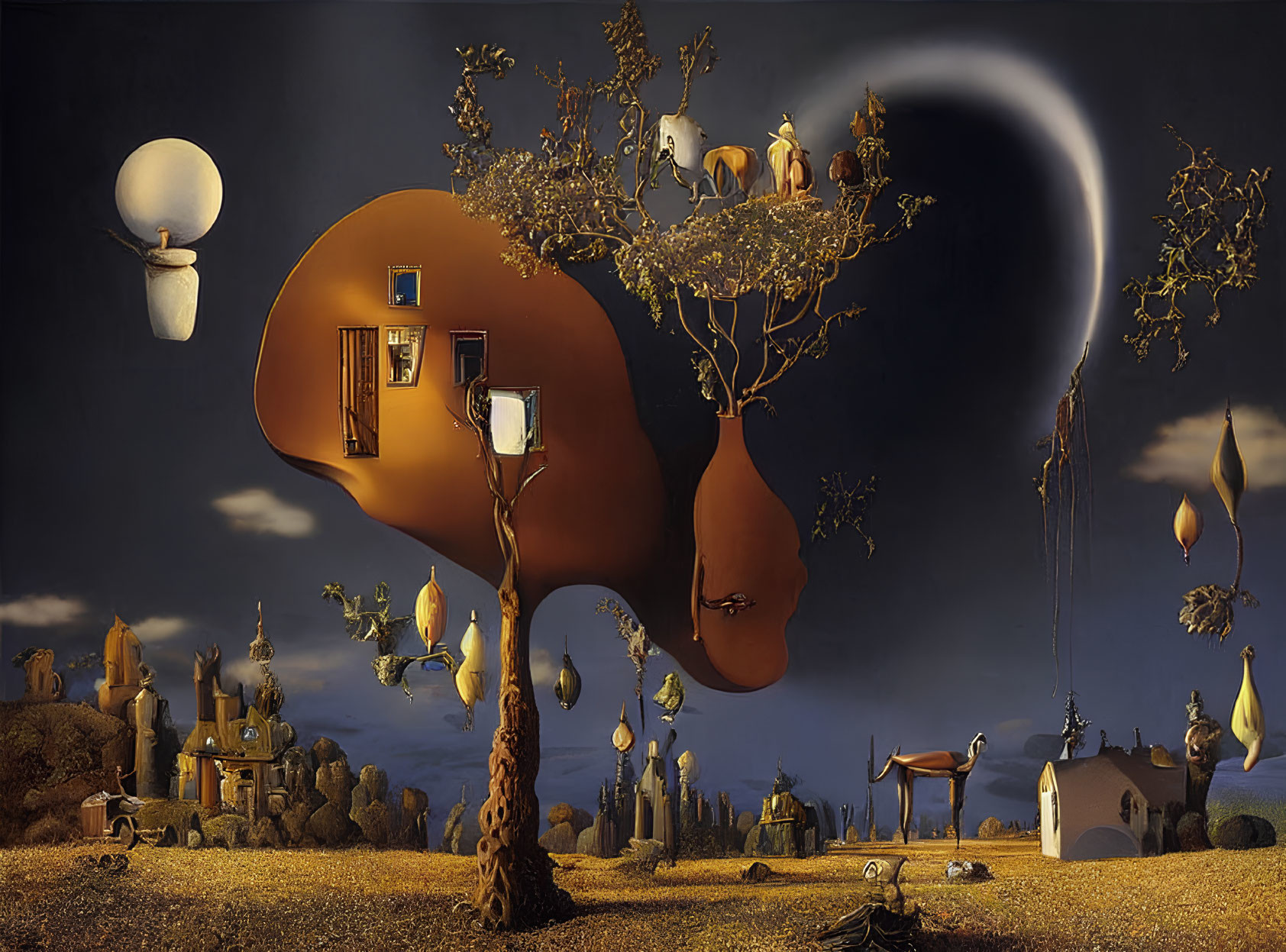 Surreal painting featuring whimsical tree, lanterns, moon, structures, and horse