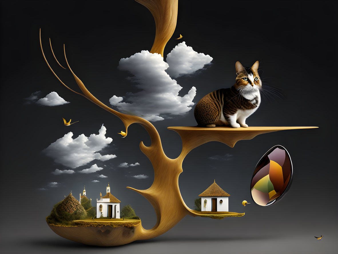 Surreal cat on wooden branch with clouds, birds, fantasy buildings, and floating mirror
