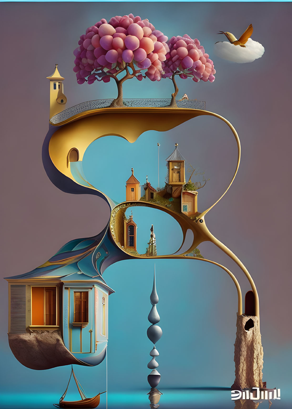 Surreal floating terraced landscapes with houses, trees, and a bird in irregular loops on blue